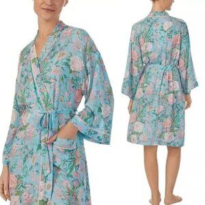 Sanctuary Floral 3/4-Sleeve Wrap Robe Pink Piping NWT Sz XS